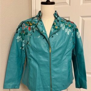 Colleen Lopez Teal Floral Leather Jacket